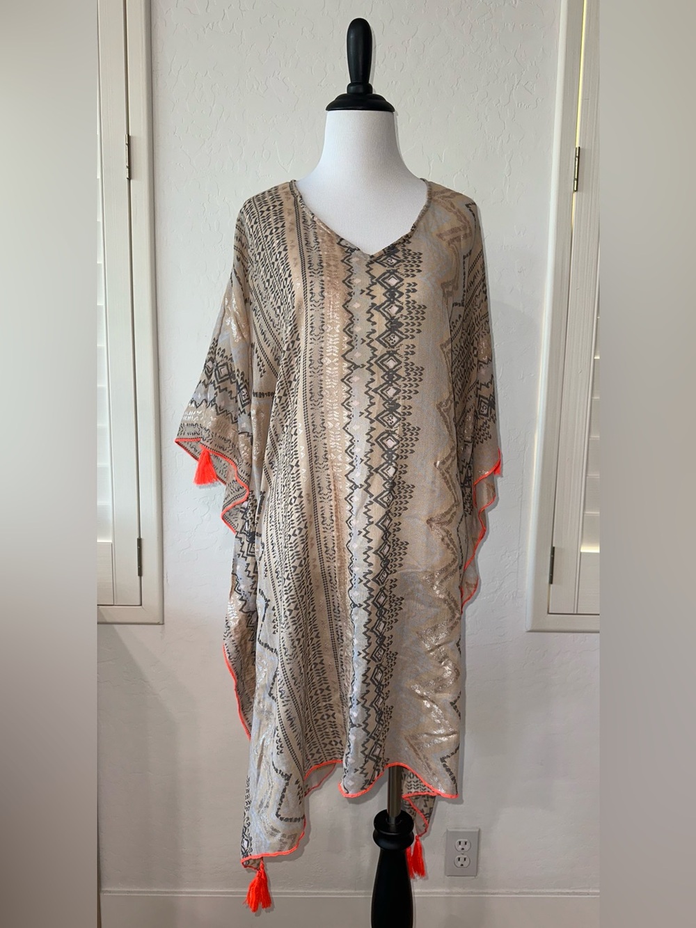 Z & L EUROPE BOHO TAN SILVER TASSEL KAFTAN BEACH POOL SWIMSUIT BIKINI COVER UP~